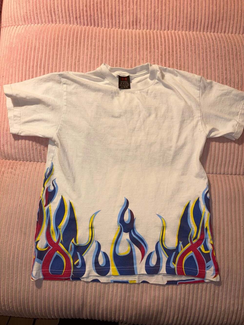 Emergency Exit Flame Graphic White T-Shirt Size 14/16